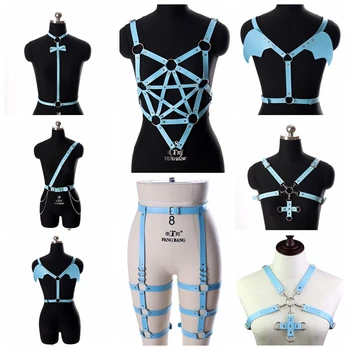 

Sky Blue Body Harness Bralette Gothic Rivet Chest Bondage Top Pentagram Sexy Lingerie Suspender Garter Adjustable Festival Wear