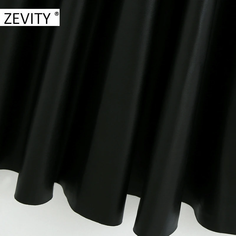 ZEVITY New women lace patchwork casual PU leather A line dress female sleeveless ruffles vestido chic back zipper dresses DS4437