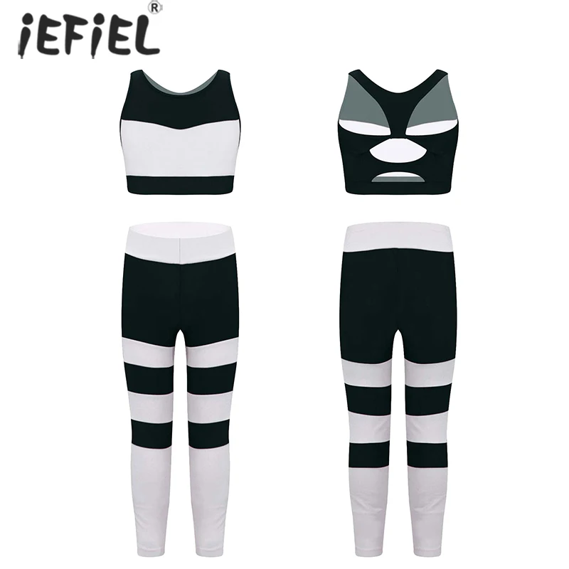 

Kids Girls Clothes Sets Stripe Sport Suit Sleeveless Keyhole Back Tanks Crop Top + Leggings Workout Dancewear Gymnastics Outfits