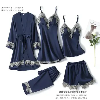 Satin 5PCS Pajamas Set Sexy V-neck Lace Sleepwear Spring Autumn Bathrobe Women Casual Loose Nightwear Sleep Set Silky Homewear 
Satin 5PCS Pajamas Set Sexy V-neck Lace Sleepwear Spring Autumn Bathrobe Women Casual Loose Nightwear Sleep Set Silky Homewear