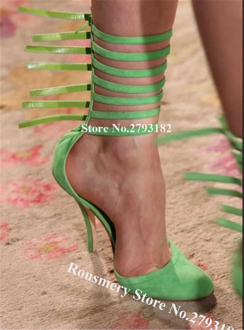 

Newest Charming Green Suede Leather Thin Straps Cross Stiletto Heel Pumps Ankle Wrap Straps Buckles High Heel Gladiator Shoes