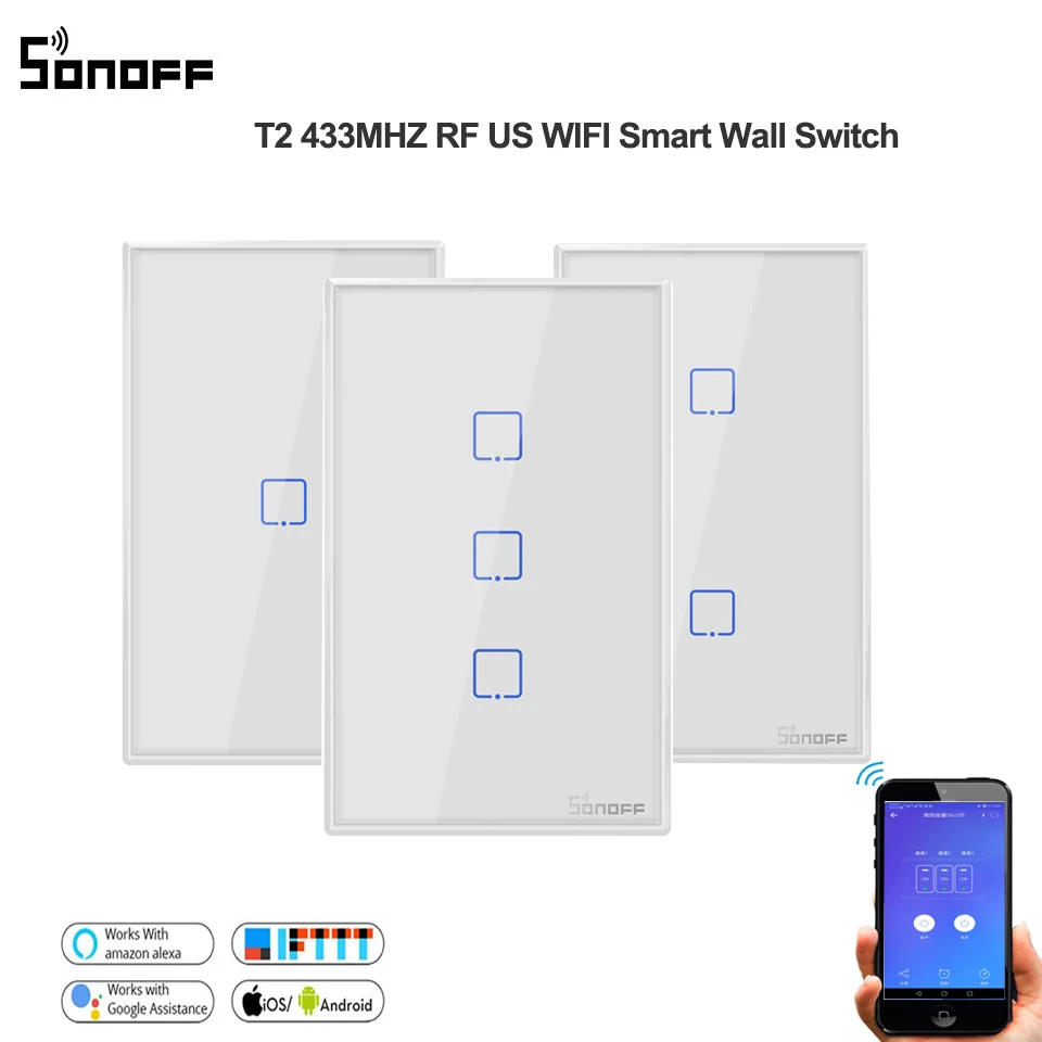 Sonoff T2/T3 US 1/2/3 gang Smart Remote Control Wifi Timer light switch wall touch RF433mhz Switch work with Alexa/google home
Sonoff T2/T3 US 1/2/3 gang Smart Remote Control Wifi Timer light switch wall touch RF433mhz Switch work with Alexa/google home