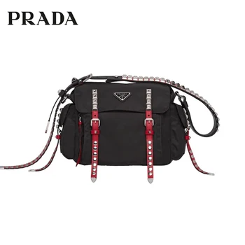 

PRADA Black Nylon Shoulder Bag Adjustable Leather Strap Metal Stud Embellishment Bags For Women 1BD118