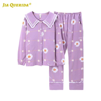 Princess Collar Cardigan Button Pajama Sets Women Loose Size Thick Cotton Spring Fall Home Suits 100% Cotton Pijama Mujer New 
Princess Collar Cardigan Button Pajama Sets Women Loose Size Thick Cotton Spring Fall Home Suits 100% Cotton Pijama Mujer New