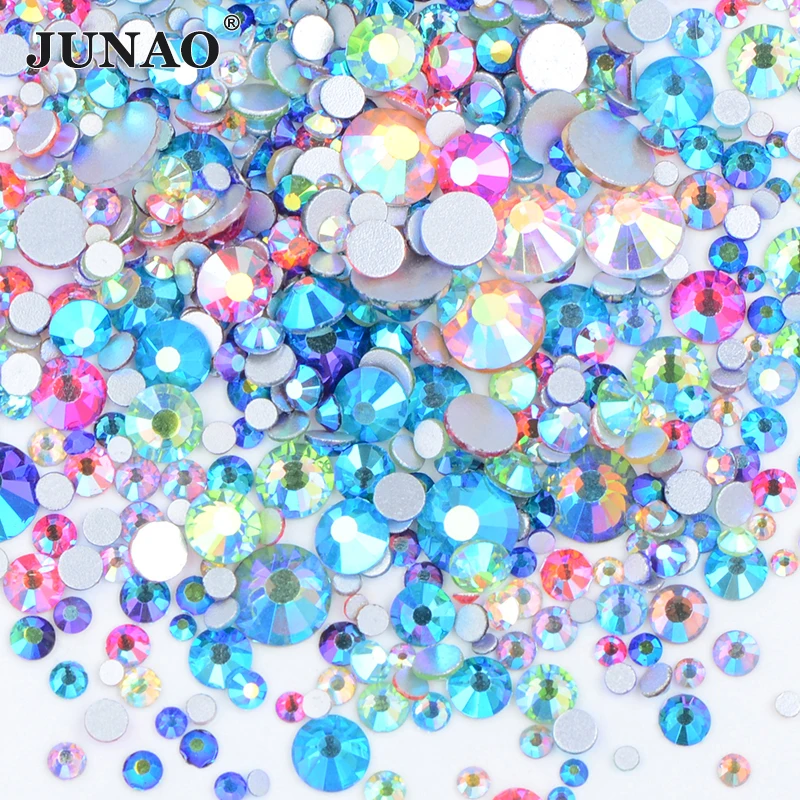 

JUNAO 1400pcs Mix Size Mix AB Color Crystals Flatback Glass Rhinestone Stickers Nail Art Decoration Non Hotfix Strass Stones
