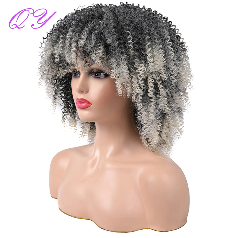 

Women Natural Synthetic Short Afro Kinky Curly Wigs Dark Grey Ombre Silver Gray With Bangs Cosplay Party Heat Resistant Hair Wig