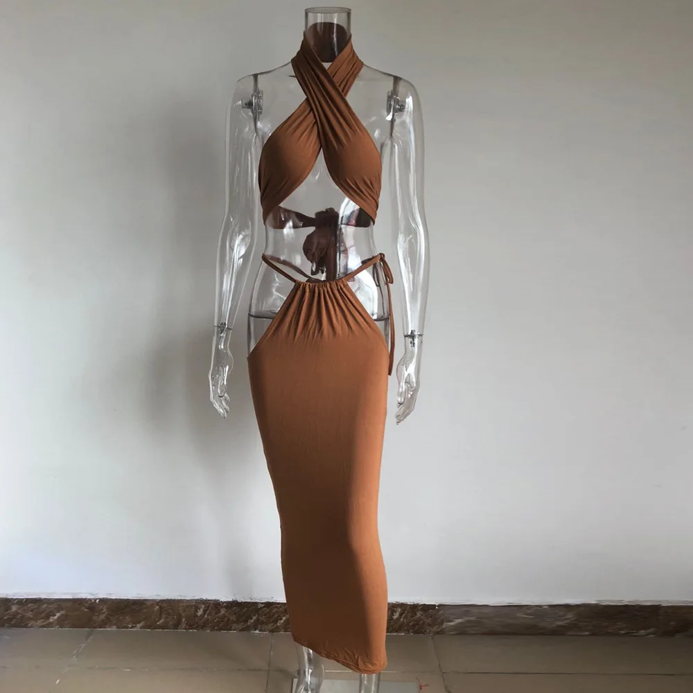 KGFIGU two pieces 2019 Summer cotton strap backless matching sexy halter neck cut out tops and pencil skirts wholesale price