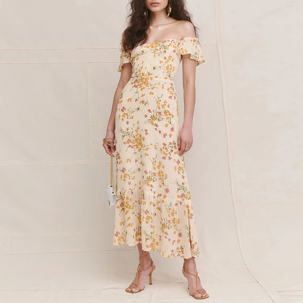 

Sexy Off Shoulder Dress Summer Women Party Elegant Vintage Beach Dress Ruffle Short Sleeve Ruffle Hem Floral Chiffon Midi Dress