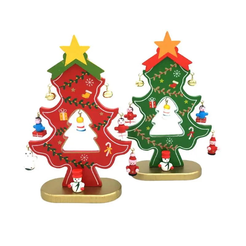 Christmas Decor Supplies Small Wooden Xmas Tree With Cute Cartoon Pendants Tabletop Ornament