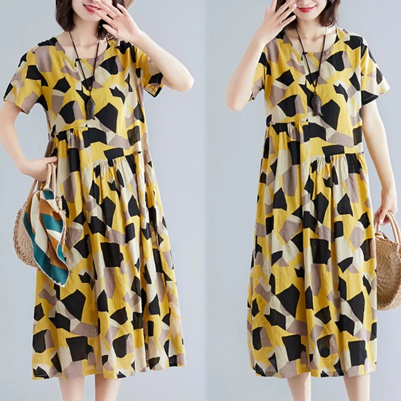 Summer Dresss Women Vintage O-Neck vestidos Loose Short Sleeve Print Pockets Plus Size Cotton Linen A-Line Mid-Calf Dress!
Summer Dresss Women Vintage O-Neck vestidos Loose Short Sleeve Print Pockets Plus Size Cotton Linen A-Line Mid-Calf Dress!