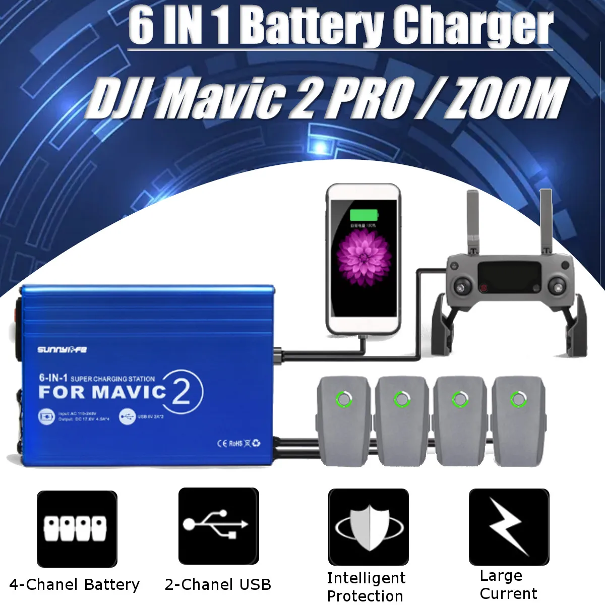 6 In 1 For DJI Mavic 2 Pro/Zoom Battery Charger Hub Charging Hub Drone Remote Controller & Battery & Smart Phone Charger
6 In 1 For DJI Mavic 2 Pro/Zoom Battery Charger Hub Charging Hub Drone Remote Controller & Battery & Smart Phone Charger