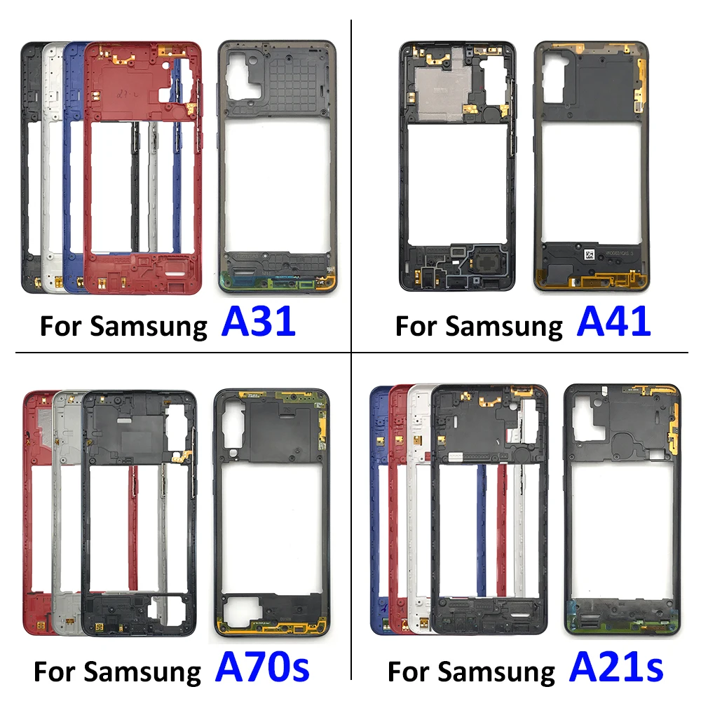 

For Samsung A21S A31 A41 A70S Housing Middle Plate Bezel + Side Power On Off Key Button + Rear Back Battery Cover With Logo