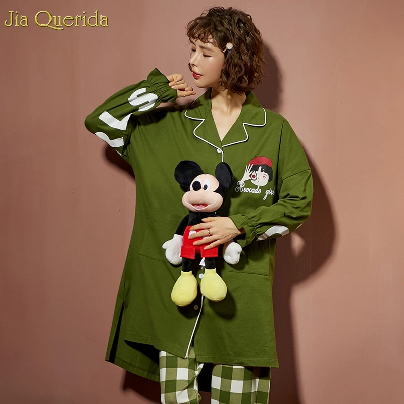 Fashion Pijama Mujer Cotton Lingerie Pajamas Plus Size Big Shirt+ Plaid Pants Women's Two Piece Green Chic Printing Pyjama Women
Fashion Pijama Mujer Cotton Lingerie Pajamas Plus Size Big Shirt+ Plaid Pants Women's Two Piece Green Chic Printing Pyjama Women