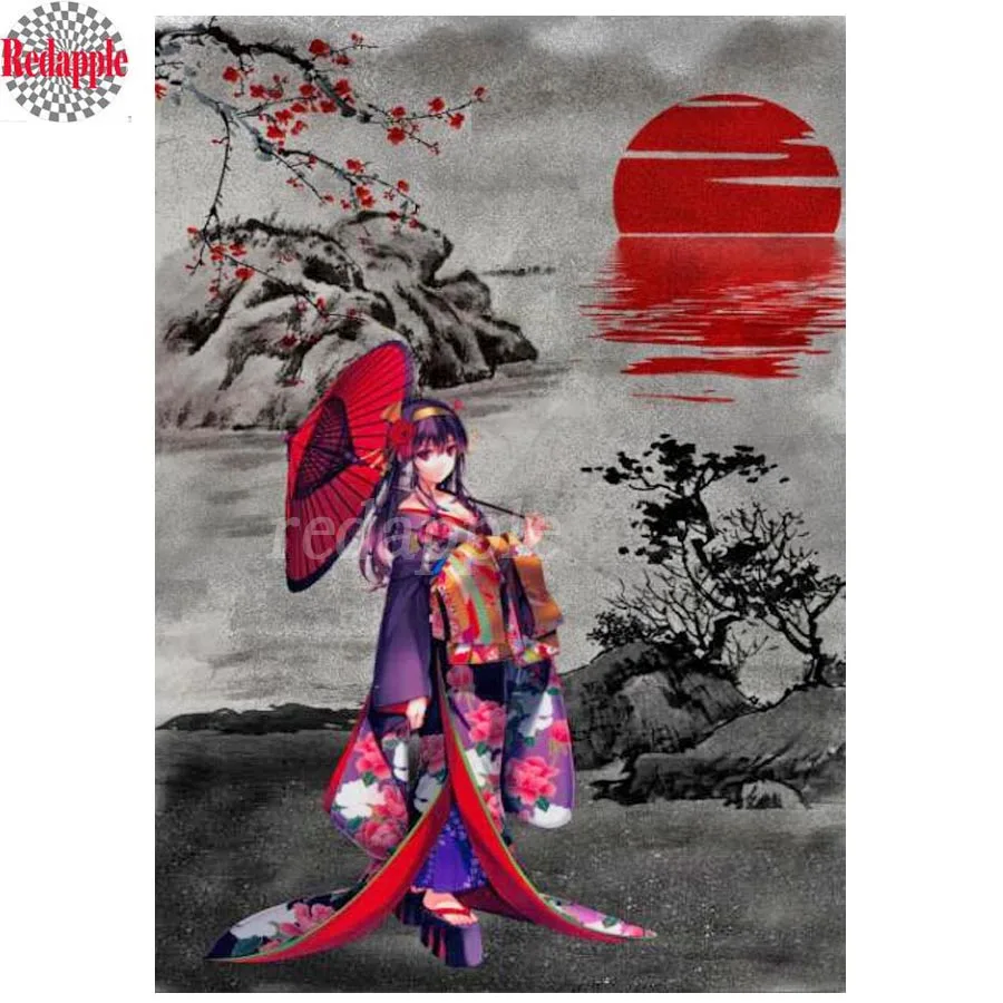 Red Japanese Kimono Girl 3D DIY Diamond Painting Full Square/Round Rhinestone painting 5d Embroidery Mosaic decoration | Дом и сад