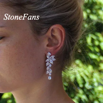 

StoneFans Exquisite Wedding Design Leaf Ear Line Long Dangle Drop Earrings Jewelry Cubic Zironia Brincos for Women Bijoux Simple