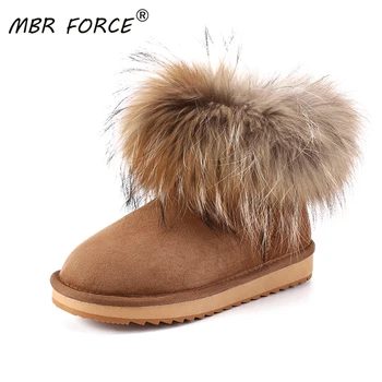 

MBR FORCE Girls Fox fur Ankle Winter Suede Shearling snow boots for women genuine sheepskin leather Wool fur lined winter shoes