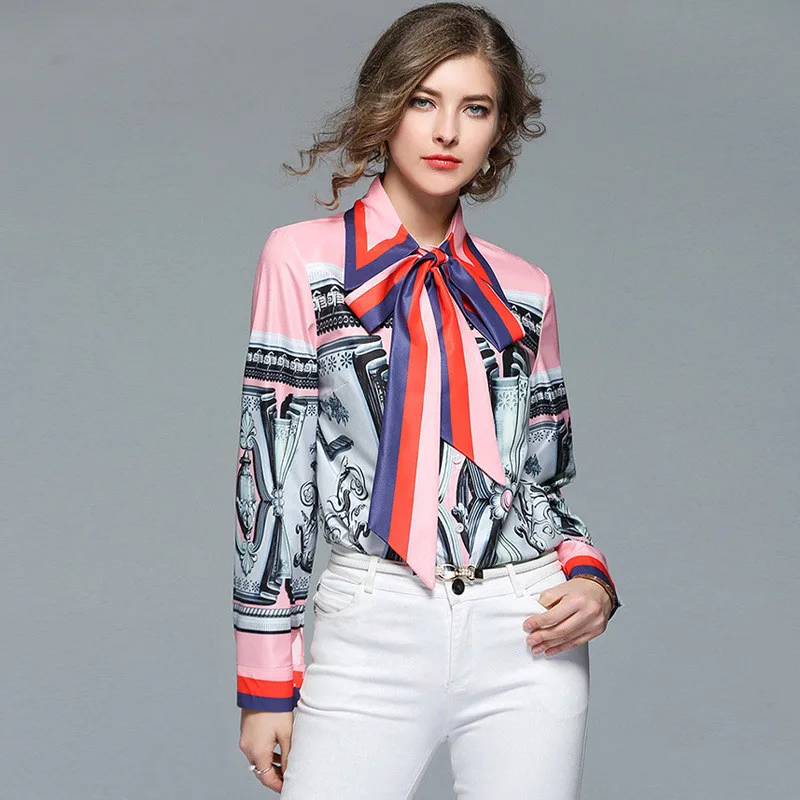 45.1 30、Women's shirts women's fashion elegant printed bow shirts temperament commuting casual long sleeve women's shirts