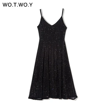 WOTWOY Sexy V-neck Lurex Dress Women Black Low-Cut Spathetti Strap Dresses Women Sequined Sleeveless A-line Dress Femme Summer
WOTWOY Sexy V-neck Lurex Dress Women Black Low-Cut Spathetti Strap Dresses Women Sequined Sleeveless A-line Dress Femme Summer