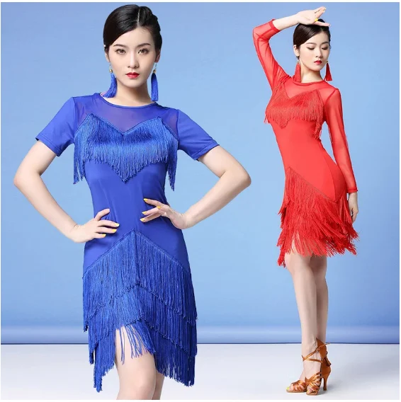 

Stage Performance Women Dance Clothes Salsa Samba Wear Front Fringes Mesh Sleeves Spandex One-piece Latin Dresses