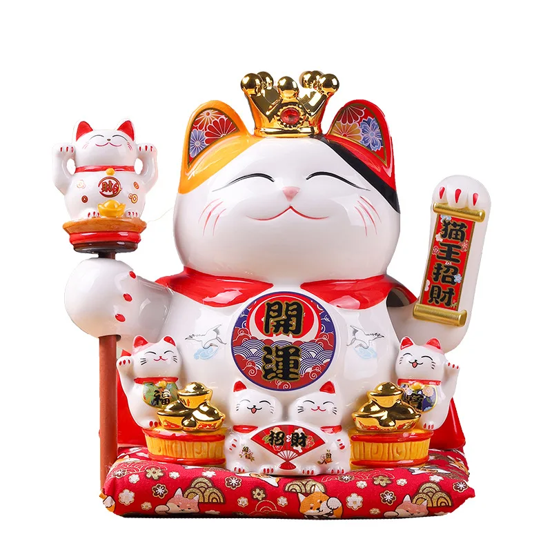 

9 Inch Feng Shui Lucky Cat Ceramic Fortune Cat Electric Shaking Arm Beckoning Fortune Maneki Neko Ornament Home Decoration Gift