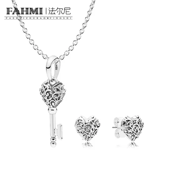 

2020 100% 925 Sterling Silver Sweet Fashion Women REGAL HEARTS EARRING STUDS Necklace Set Gift Original Jewelry B800959