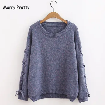Merry Pretty Casual O-neck Knitted Sweater Women Jumper Lace Up Sleeve Knitting Pull Femme Autumn Winter Sweater Pullover Female 
Merry Pretty Casual O-neck Knitted Sweater Women Jumper Lace Up Sleeve Knitting Pull Femme Autumn Winter Sweater Pullover Female