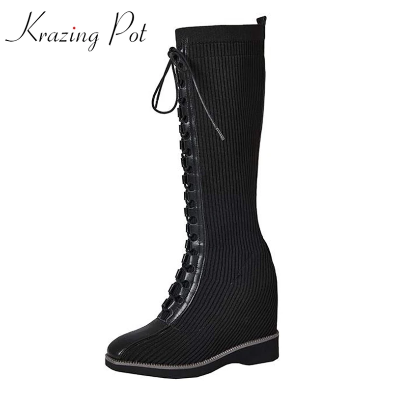 

Krazing Pot Knitting Round Toe Wedges Stretch Sock Cross-tied Beauty Lady Extreme High Heels Lace Up Increased Knee High Boots