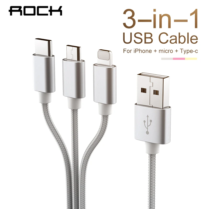 Фото ROCK USB кабель для быстрой зарядки 3 в 1 iPhone 11 XS X 8 7 6 Micro Type C мобильный телефон Android