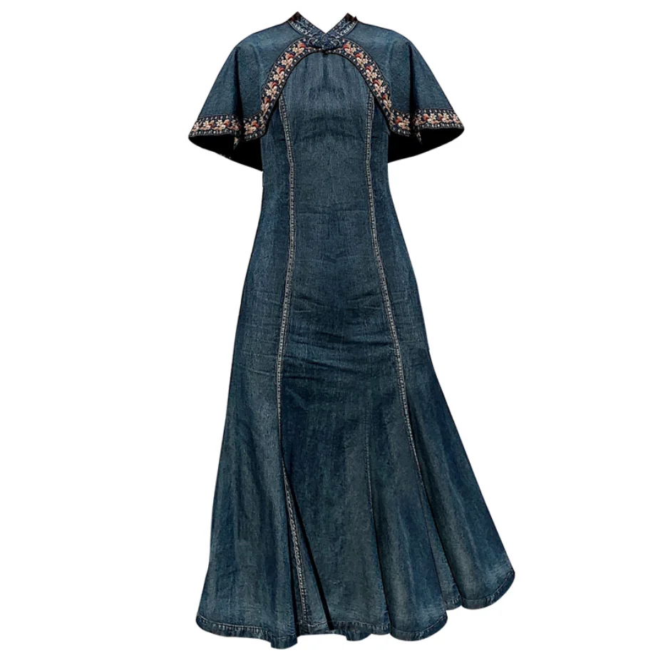 Женское джинсовое платье с юбкой годе винтажное длинное облегающее вышивкой