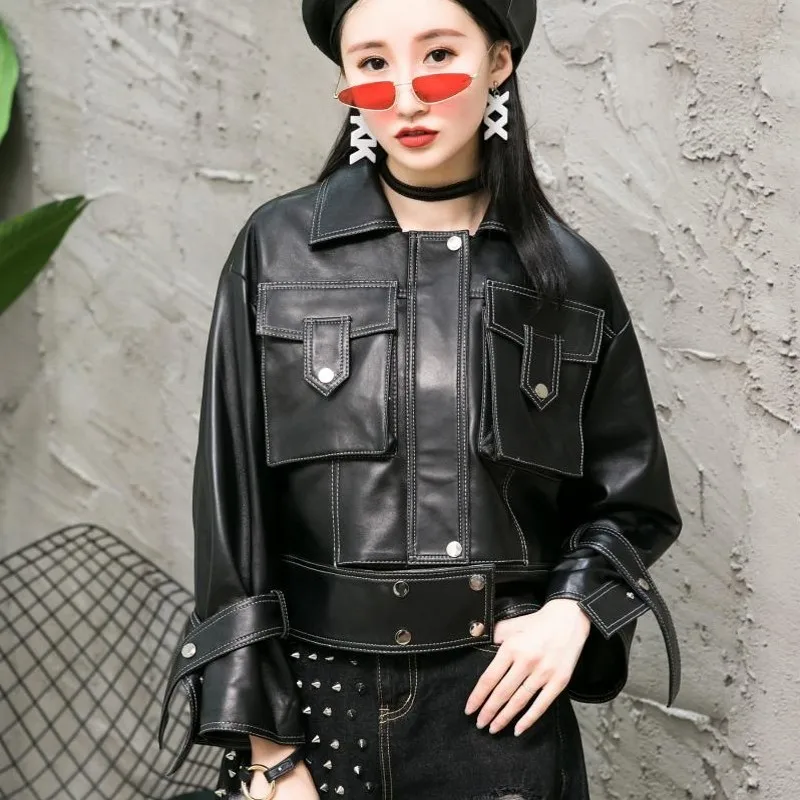 Фото Streetwear Women New Fashion Biker Natural Leather Jacket Short Pockets Loose Fit Hip Hop Outwear Coat Genuine | Женская одежда