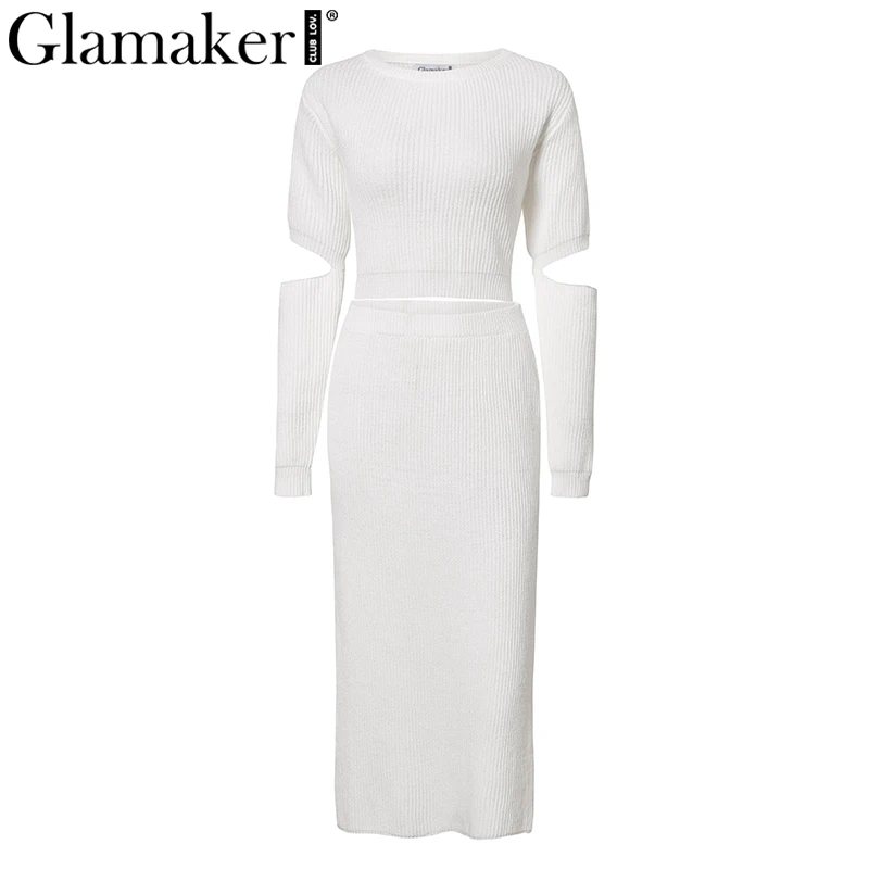 White Elegant Knitted Sweater Midi Suit Two Piece Dress White Elegant Knitted Sweater Midi Suit Two Piece Dress