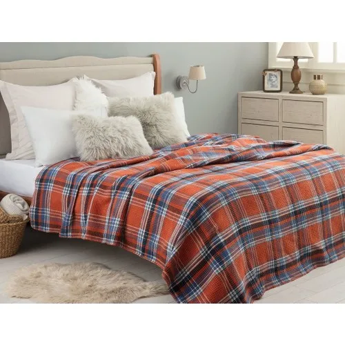 

Madame Coco Odline Double Personality Plaid Cotton Blanket-Orange/Indigo