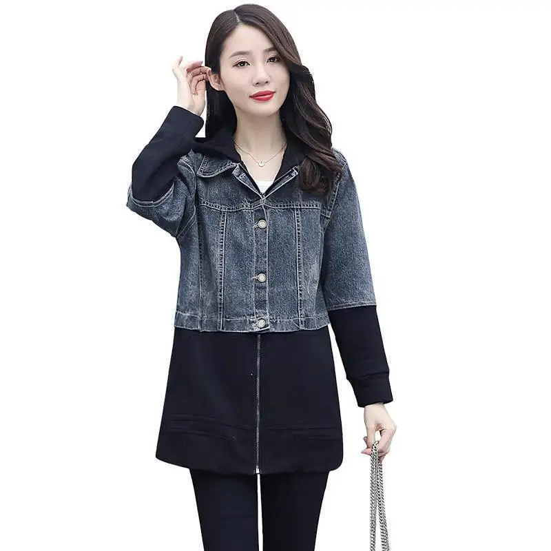 New 2021 Spring Autumn Denim Ladies Jacket Mid Long Hooded Denim Stitching Women's Coats Zip Single-Breasted Femme Windbreakers
New 2021 Spring Autumn Denim Ladies Jacket Mid Long Hooded Denim Stitching Women's Coats Zip Single-Breasted Femme Windbreakers