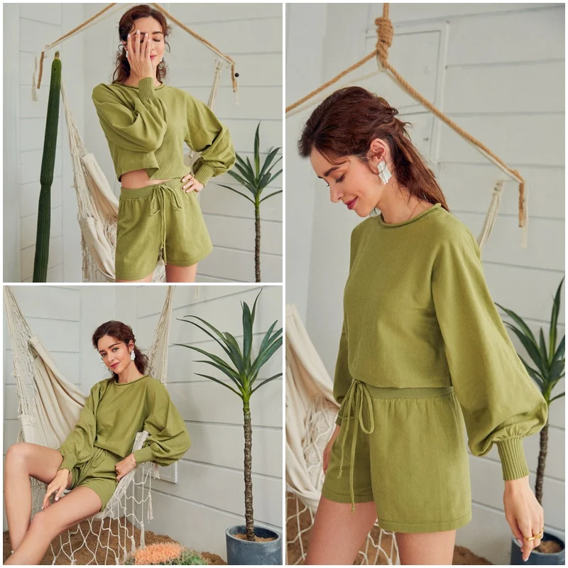 Casual solid new women＇s two piece suit Summer Bubble Sleeve Top Shorts Set sexy navel sweater two piece set in Rompers