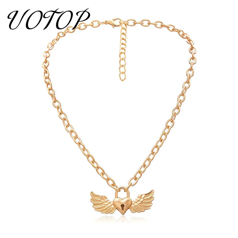 

UOTOP New Gold Silver Color Angel Wings Choker Necklace Kolye Women Simple Love Heart Chocker Necklaces Collares De Moda 2019