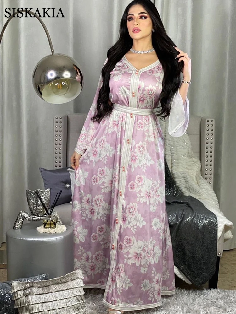 Женская юбка-Абая Siskakia с V-образным вырезом голубая розовая Дубайская осенняя