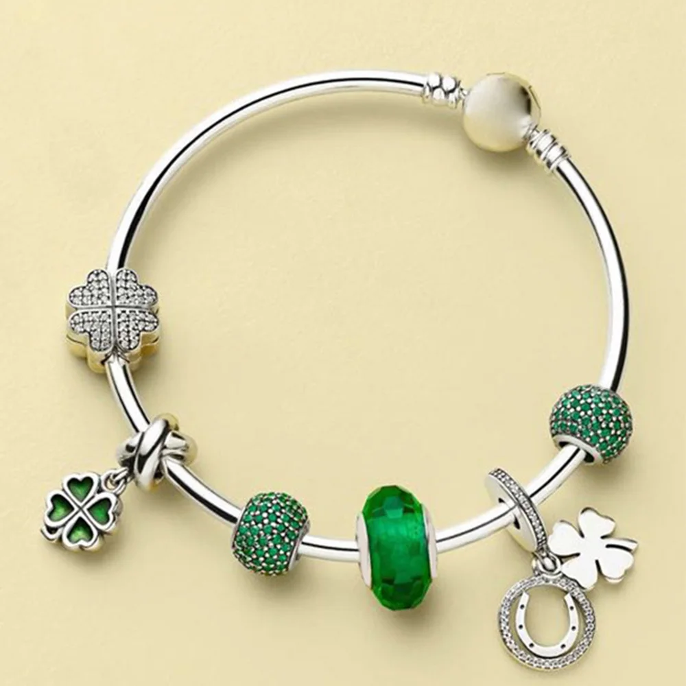 100% 925 Sterling Silver 1:1 Green Pave Ball Charm PETALSCLIP GOOD LUCK HANGING CHARM Four-leaf Clover Bangle Set | Украшения и