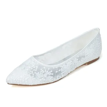 Lace Wedding Bridal Flats Pointed Toe Slip on Breathable Lace Prom Evening Formal Party Dress Flat Shoes Women