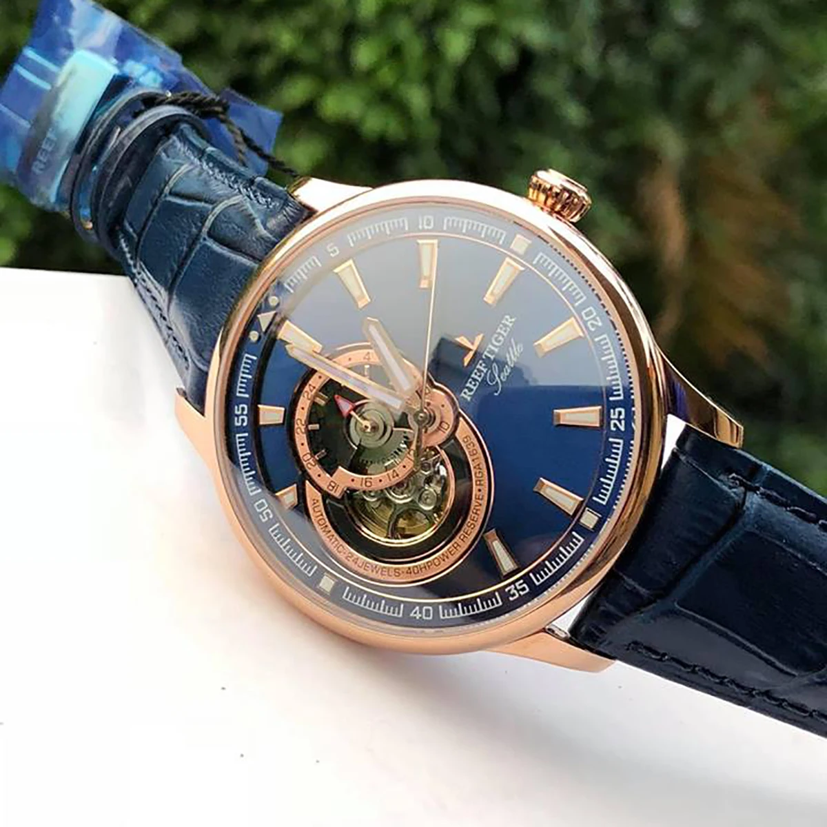 

Reef Tiger/RT Dress Men's Watch Rose Gold Tone Tourbillon Watches Blue Dial Quartz Analog Wrist Watch RGA1639