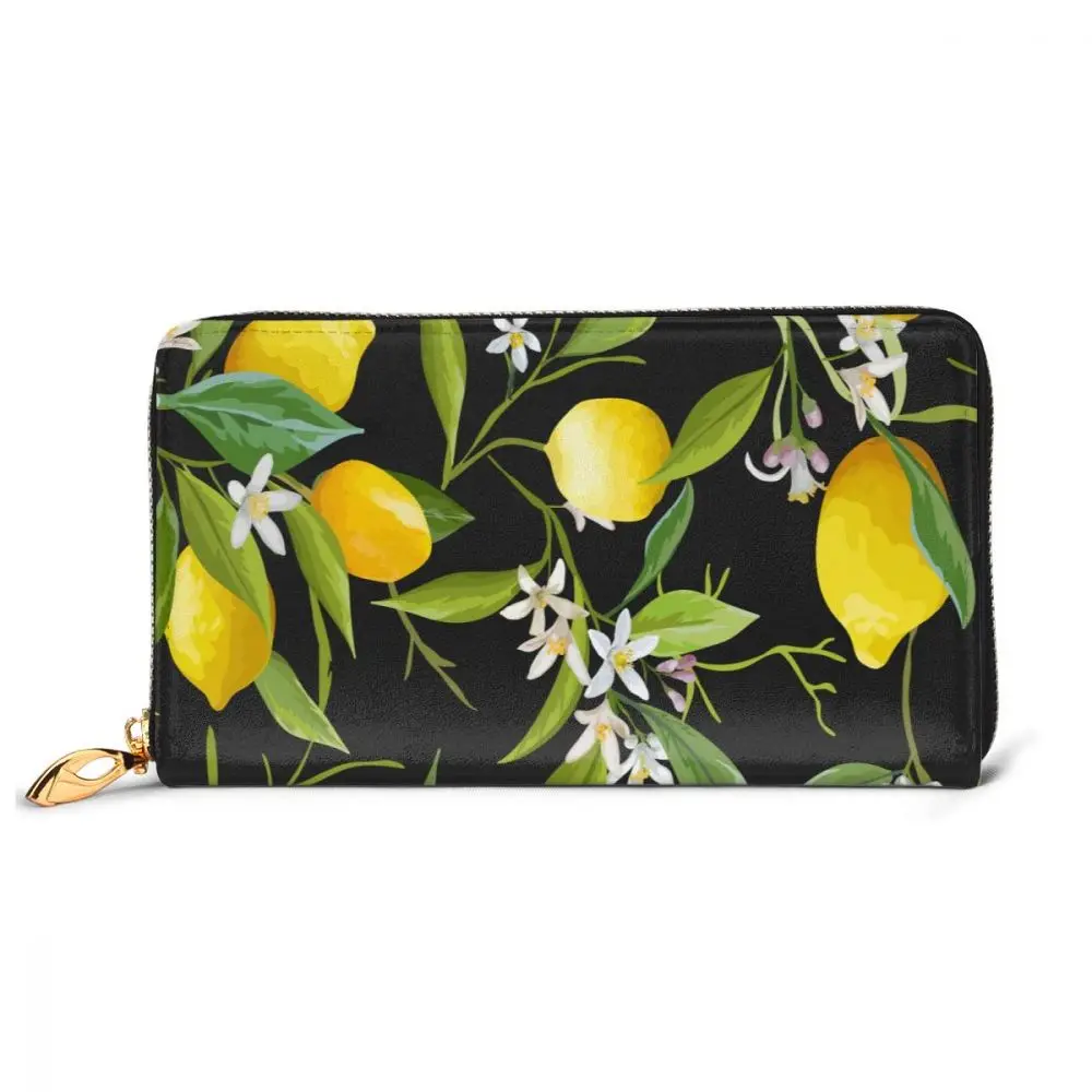 Модный кожаный кошелек с изображением лимона фруктов цветов и листьев Длинный на