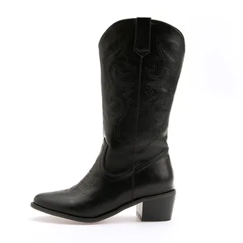 Women Chunky Mid Heel Pull On Cowgirl Cowboy Boots Embossed Winter Western Pointed Toe Mid Calf Tabs Motorcycle Boots for Female
Women Chunky Mid Heel Pull On Cowgirl Cowboy Boots Embossed Winter Western Pointed Toe Mid Calf Tabs Motorcycle Boots for Female