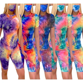 2020 New Women Tie Dye Gradient Print 3 Pieces SetsTracksuits T-shirt Shorts Skinny Leggings Pants Suit With Mask Fitness Outfit
2020 New Women Tie Dye Gradient Print 3 Pieces SetsTracksuits T-shirt Shorts Skinny Leggings Pants Suit With Mask Fitness Outfit