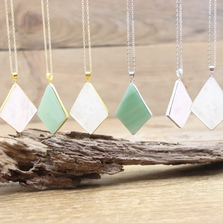 Natural Aventurine Rose Quartz White Crystal Slab Rhombus Shape Pendant Silver Gold Plated Slice Gemstone Jewelry Necklace
Natural Aventurine Rose Quartz White Crystal Slab Rhombus Shape Pendant Silver Gold Plated Slice Gemstone Jewelry Necklace