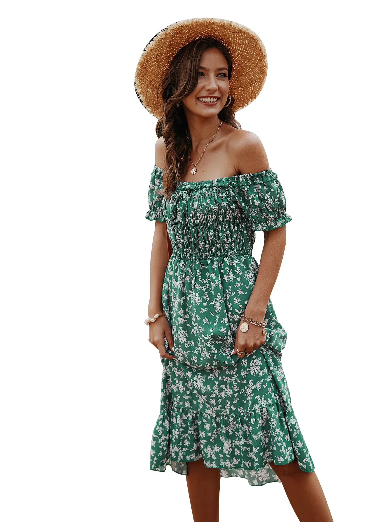 Women's Printed Dress 2020 Spring / Summer Bohemian New One Line Collar Bubble Sleeve Mid Length Skirt
Women's Printed Dress 2020 Spring / Summer Bohemian New One Line Collar Bubble Sleeve Mid Length Skirt