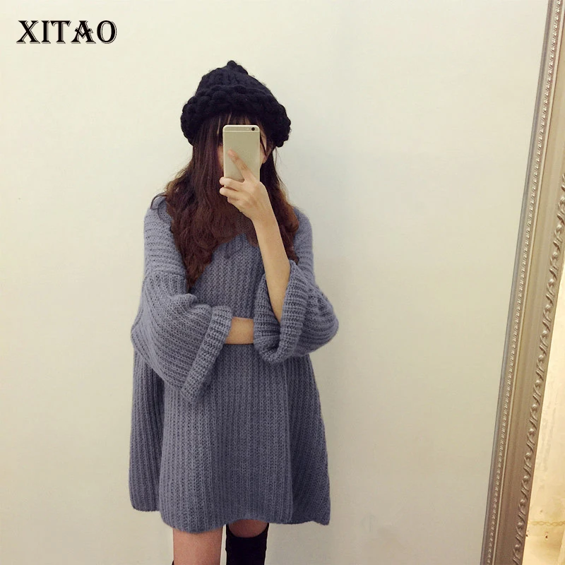 Женский свитер с рукавом три четверти XITAO вязаный Однотонный осень 2017 | Женская