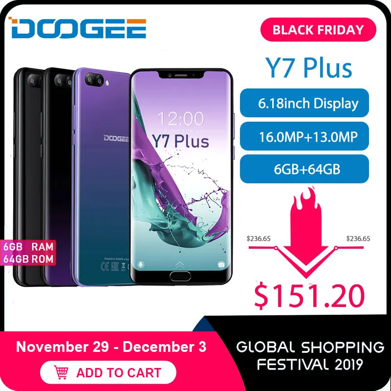 

DOOGEE Y7 Plus CellPhone 6.18inch 1080*2246 Screen MTK6757 Octa-Core 2.5GHz 6GB RAM 64GB ROM 16.0MP+13.0MP 5080mAh Android 8.0