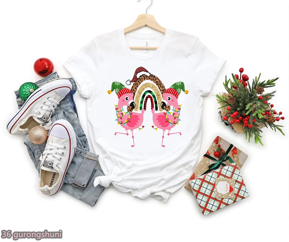 

Kawaii Flamingo Merry Christmas Gift Print Women Tshirts Golden Leopard Rainbow T-Shirt Femme Harajuku Shirt Summer T Shirt