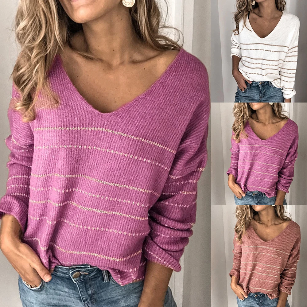 2019 Solid Color Knitwear Women Casual Loose Knitted Jumpers Pullovers Femme Deep V-Neck Strip Tops Fall Lady Clothes
2019 Solid Color Knitwear Women Casual Loose Knitted Jumpers Pullovers Femme Deep V-Neck Strip Tops Fall Lady Clothes