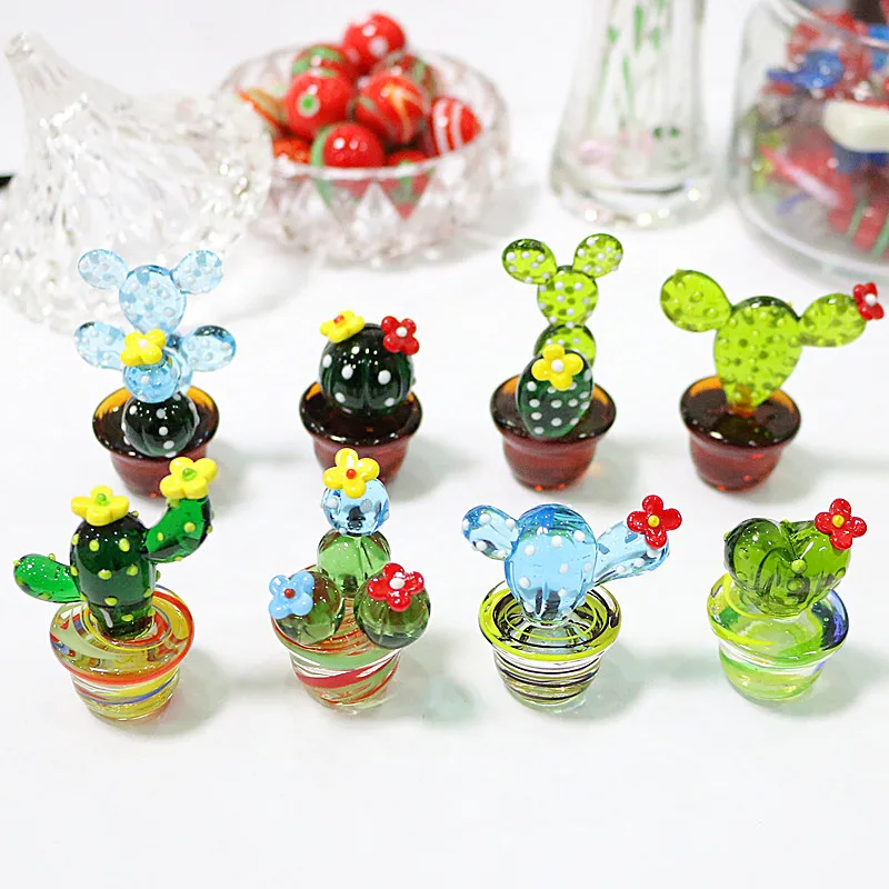 

Handmade Murano Glass Cactus Figurines Ornaments Desktop Craft Adornment Creative Colorful Cute Miniature Plant For Home Decor