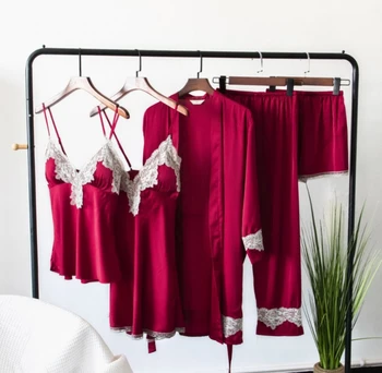 Satin Women 5PCS Pajamas Sets Sleepwear Sexy Lace Pajamas Suit Sleep Set Lounge Silky Nightwear Home Clothes Chest Pads 
Satin Women 5PCS Pajamas Sets Sleepwear Sexy Lace Pajamas Suit Sleep Set Lounge Silky Nightwear Home Clothes Chest Pads